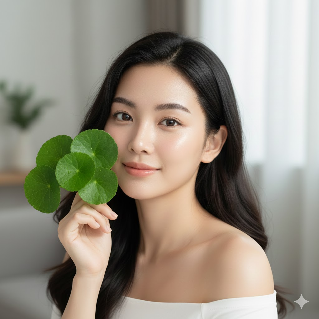 làn da khỏe được chăm sóc bằng rau má